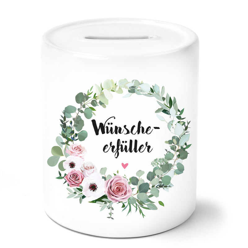 Auf diesem Bild ist folgendes zu sehen: Spardose Wünscheerfüller mit Blumenkranz als Geldgeschenke Geschenkideen zu Hochzeit   Weihnachten von OWLBOOK