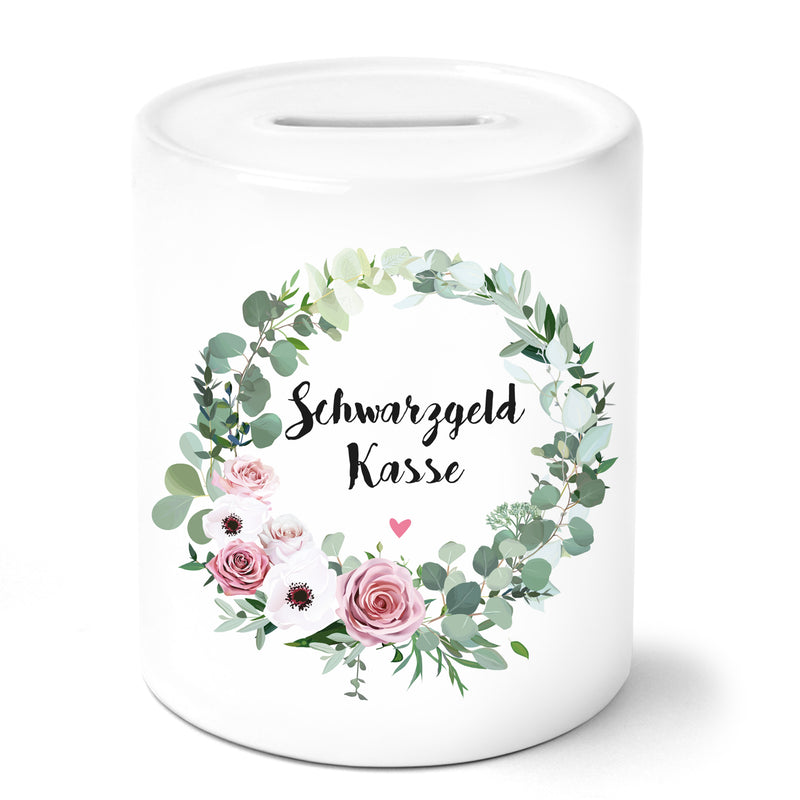 Auf diesem Bild ist folgendes zu sehen: Spardose Schwarzgeld Kasse mit Blumenkranz als Deko Idee zu Einweihung   Weihnachten von OWLBOOK