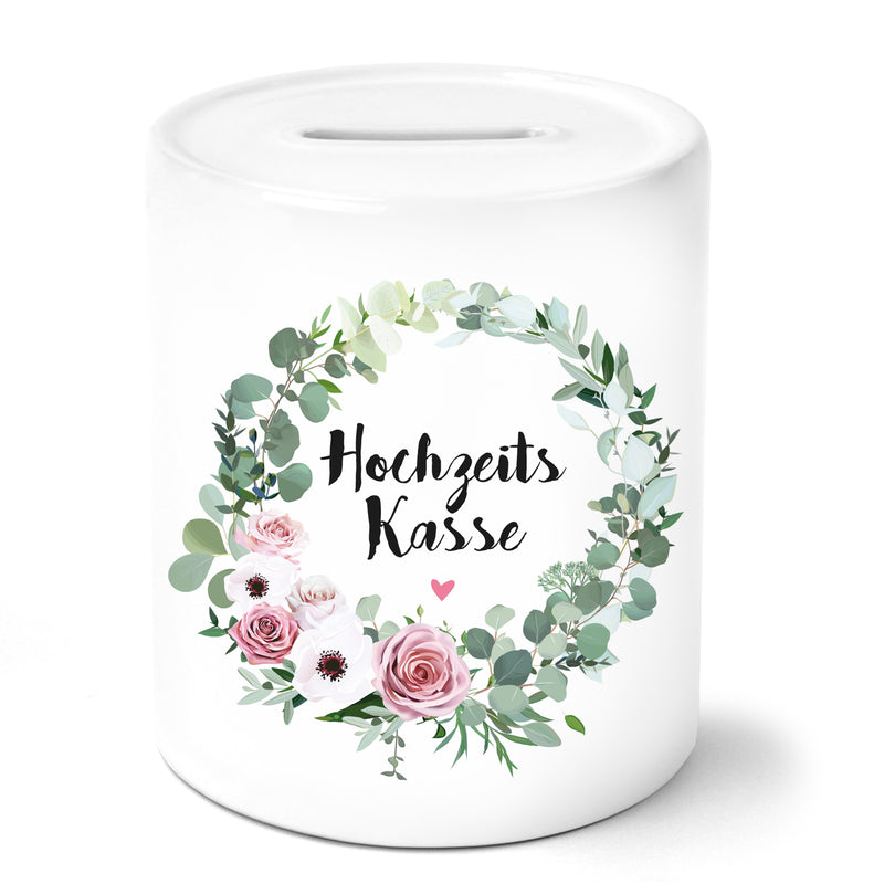 Auf diesem Bild ist folgendes zu sehen: Spardose Hochzeitskasse mit Blumenkranz als Geschenke Geschenkideen zu Hochzeit_&_Verlobung   Weihnachten von OWLBOOK