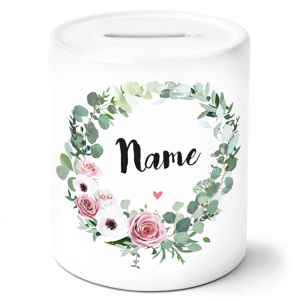 Auf diesem Bild ist folgendes zu sehen: Spardose Dein Wunschname Blumenkranz als Geschenke Geschenkideen zu Geburtstag  Abschied Weihnachten von OWLBOOK