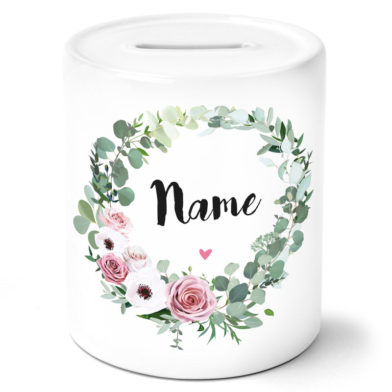 Auf diesem Bild ist folgendes zu sehen: Spardose Dein Wunschname Blumenkranz als Geschenke Geschenkideen zu Geburtstag  Abschied Weihnachten von OWLBOOK