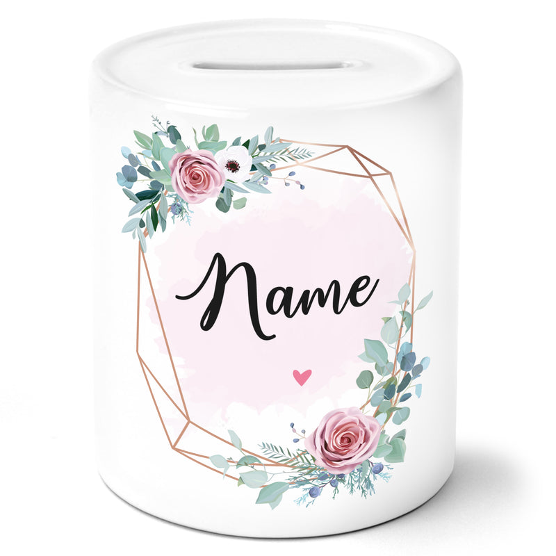 Auf diesem Bild ist folgendes zu sehen: Spardose Dein Wunschname rosa Blumen als Geschenke Geschenkideen zu Geburtstag  Ostern Weihnachten von OWLBOOK