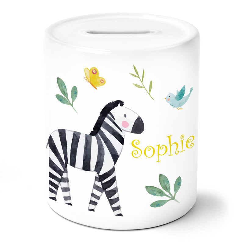 Auf diesem Bild ist folgendes zu sehen: Spardose Safari Zebra als Geschenke Geschenkideen zu Geburtstag Taufe  Weihnachten von OWLBOOK