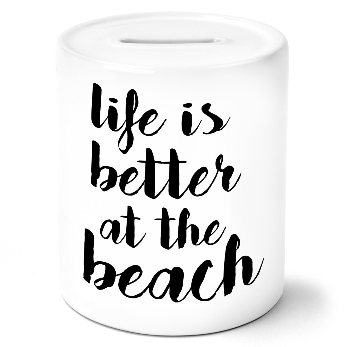 Auf diesem Bild ist folgendes zu sehen: Spardose Life is better at the beach als Geschenke Geschenkideen zu Geburtstag Reise Abschied Weihnachten von OWLBOOK