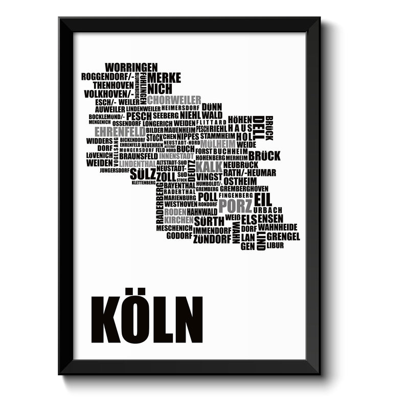 Auf diesem Bild ist folgendes zu sehen: Bild Köln Karte mit Stadtbezirke als Geschenke Geschenkideen zu Geburtstag Reise  Weihnachten von OWLBOOK
