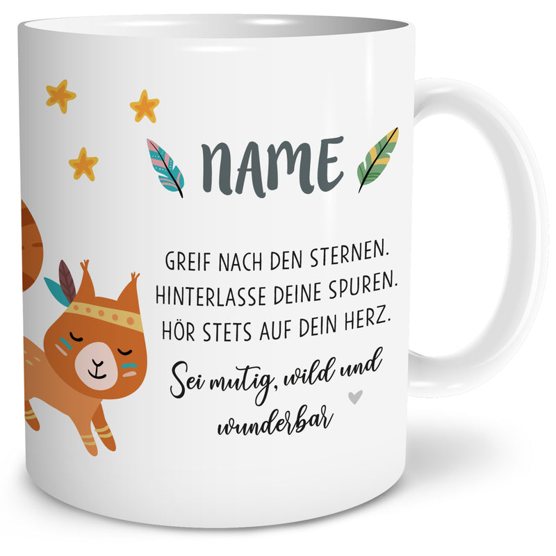 Auf diesem Bild ist folgendes zu sehen: Tasse Boho Eichhörnchen als Geschenke Geschenkideen zu Geburtstag Taufe Ostern Schulanfang von OWLBOOK