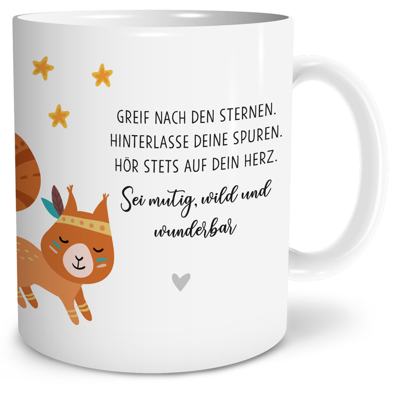 Auf diesem Bild ist folgendes zu sehen: Tasse Boho Eichhörnchen als Geschenke Geschenkideen zu Geburtstag Ostern Taufe von OWLBOOK