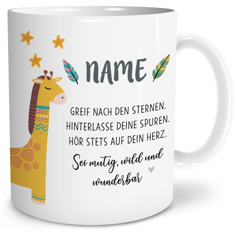 Auf diesem Bild ist folgendes zu sehen: Tasse Boho Giraffe als Geschenke Geschenkideen zu Geburtstag Taufe Ostern Schulanfang von OWLBOOK