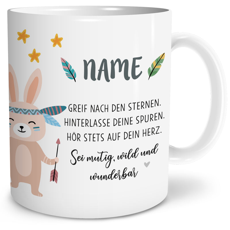Auf diesem Bild ist folgendes zu sehen: Tasse Boho Hase als Geschenke Geschenkideen zu Geburtstag Taufe Ostern Schulanfang von OWLBOOK