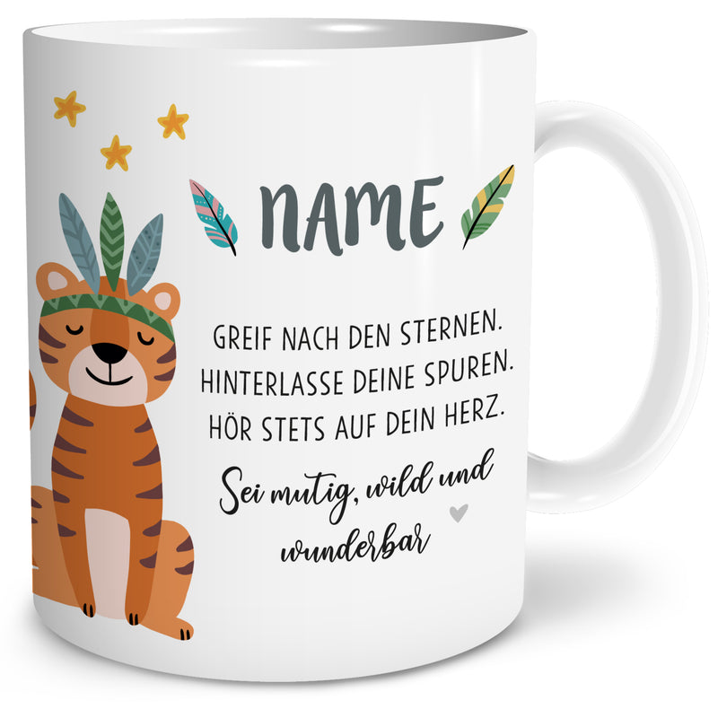 Auf diesem Bild ist folgendes zu sehen: Tasse Boho Tiger als Geschenke Geschenkideen zu Geburtstag Taufe Ostern Schulanfang von OWLBOOK