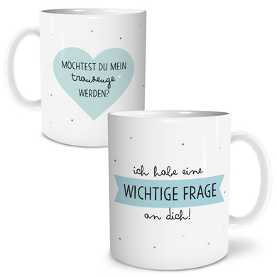 Auf diesem Bild ist folgendes zu sehen: Tasse Frage Trauzeuge als Geschenke Geschenkidee zu Hochzeit Danksagung Geburtstag Ostern von OWLBOOK
